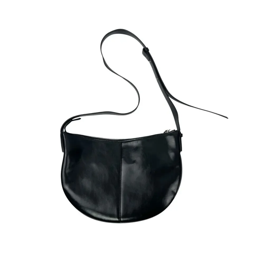 La Festin Black Leather Buckle Shoulder Crossbody Hobo Crescent Purse Handbag OS